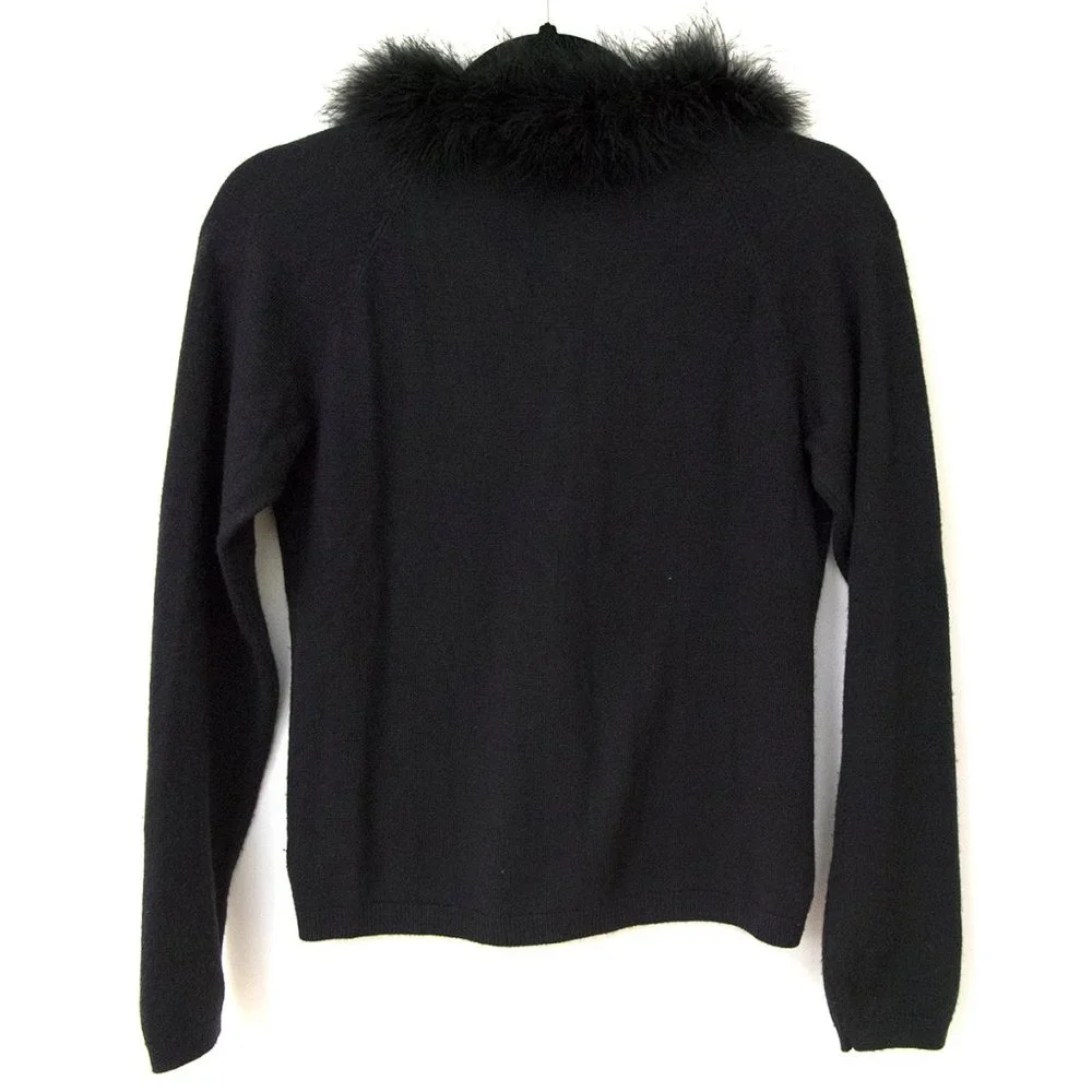 Vintage Talbots Black Acrylic Cardigan Sweater Faux-Fur Collar sz 14 - Picture 7 of 10